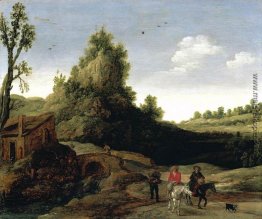 Eine Landschaft mit Reisenden Überqueren einer Brücke vor einem Eine Landschaft mit Reisenden Überqueren einer Brücke vor einem