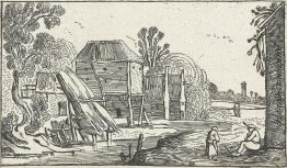 Landschaft mit Bauernhaus und Scheune auf Stelzen an einem Wasse Landschaft mit Bauernhaus und Scheune auf Stelzen an einem Wasse