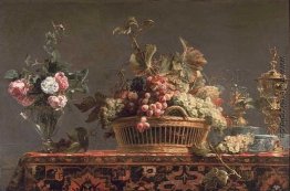 Trauben in einem Korb und Rosen in einer Vase Trauben in einem Korb und Rosen in einer Vase