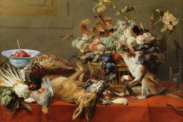 Stillleben mit Obst, Totes Spiel, Gemüse, eine Live-Affe, Eichhö Stillleben mit Obst, Totes Spiel, Gemüse, eine Live-Affe, Eichhö