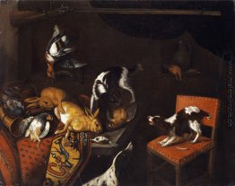 Stillleben mit totem Hasen und Vögeln, Sessel, Jagdhunde, Jagdge Stillleben mit totem Hasen und Vögeln, Sessel, Jagdhunde, Jagdge