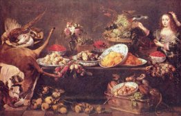 Großes Stillleben mit einer Dame und Papagei Großes Stillleben mit einer Dame und Papagei