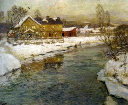 Cottage von einem Kanal in den Schnee Cottage von einem Kanal in den Schnee