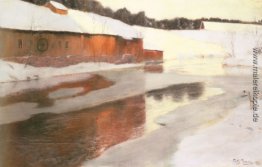Ein Fabrikgebäude in der Nähe einer eisigen Fluss im Winter Ein Fabrikgebäude in der Nähe einer eisigen Fluss im Winter