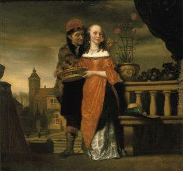 Ein Mann hält eine Nelke auf Nase einer Frau. Eine Allegorie der Ein Mann hält eine Nelke auf Nase einer Frau. Eine Allegorie der