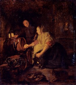 A Woman Drawing Wein aus einem Barrel A Woman Drawing Wein aus einem Barrel