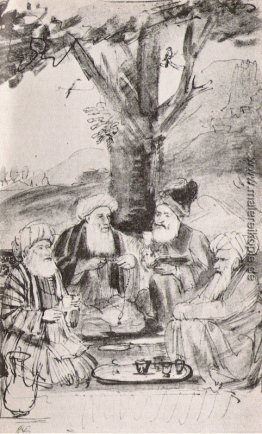 Vier Orientalen unter einem Baum sitzt. Tinte auf Papier Vier Orientalen unter einem Baum sitzt. Tinte auf Papier