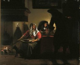 Innenraum mit zwei Gentleman und eine Frau neben einem Feuer- Innenraum mit zwei Gentleman und eine Frau neben einem Feuer-