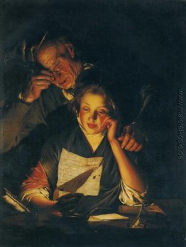 Ein Mädchen liest ein Schreiben, mit einem alten Mann liest über Ein Mädchen liest ein Schreiben, mit einem alten Mann liest über