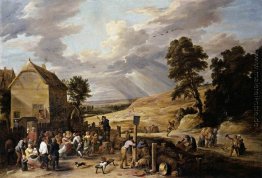 Tanzende Bauern vor einem Gasthaus Tanzende Bauern vor einem Gasthaus