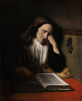 Eine alte Frau Dozing über einem Buch Eine alte Frau Dozing über einem Buch