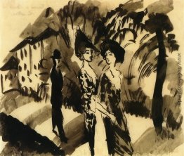 Zwei Frauen und ein Mann auf einer Avenue Zwei Frauen und ein Mann auf einer Avenue