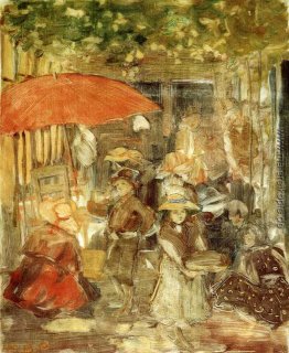 Picknick mit rotem Regenschirm Picknick mit rotem Regenschirm
