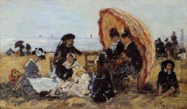 Trouville, die auf dem Strand Sheltered von einem Sonnenschirm Trouville, die auf dem Strand Sheltered von einem Sonnenschirm