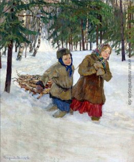 Kinder tragen das Holz im Schnee, Winter Kinder tragen das Holz im Schnee, Winter