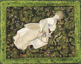 Dame mit dem Hündchen, entspannt auf dem Rasen Dame mit dem Hündchen, entspannt auf dem Rasen