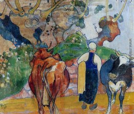 Ländliche Frau und Kühe in einer Landschaft Ländliche Frau und Kühe in einer Landschaft
