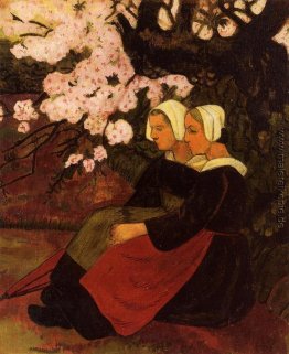 Zwei bretonischen Frauen unter einem blühenden Apfelbaum Zwei bretonischen Frauen unter einem blühenden Apfelbaum