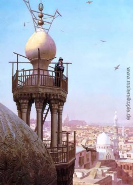 Ein Muezzin von der Spitze eines Minaretts die Gläubigen zum Geb Ein Muezzin von der Spitze eines Minaretts die Gläubigen zum Geb