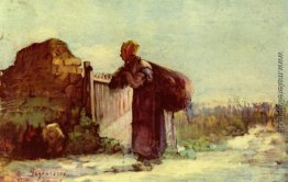 Französisch Bäuerin mit einem Sack auf dem Rücken Französisch Bäuerin mit einem Sack auf dem Rücken