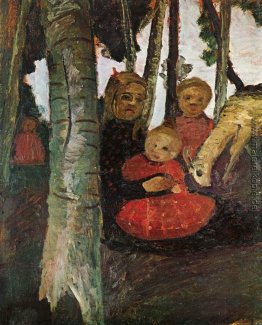Drei Kinder mit Ziege im Birkenwald Drei Kinder mit Ziege im Birkenwald