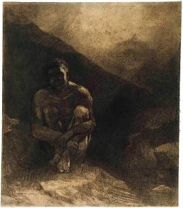 Primitive Mann im Schatten sitzend Primitive Mann im Schatten sitzend