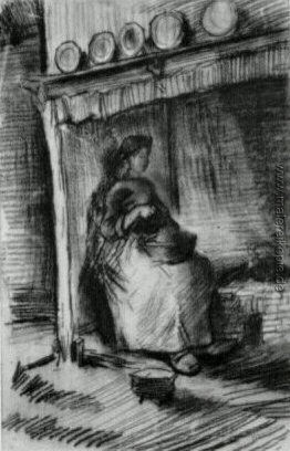 Interior with Ländliche Frau, die in der Nähe der Kamin Interior with Ländliche Frau, die in der Nähe der Kamin