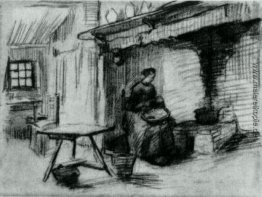 Interior with Ländliche Frau, die in der Nähe der Kamin Interior with Ländliche Frau, die in der Nähe der Kamin