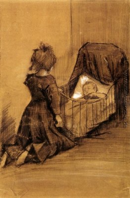 Mädchen kniet mit einem Cradle Mädchen kniet mit einem Cradle