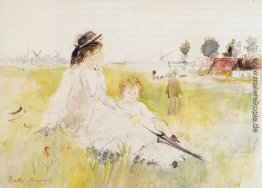 Mädchen und Kind auf dem Gras Mädchen und Kind auf dem Gras