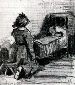 Mädchen kniend vor einem Cradle Mädchen kniend vor einem Cradle