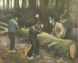 Vier Männer Schneiden von Holz Vier Männer Schneiden von Holz