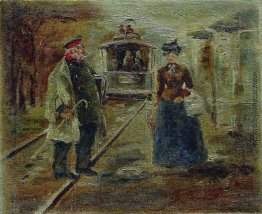 Auf dem Bahnsteig der Station. Straßenszene mit einer zurückweic Auf dem Bahnsteig der Station. Straßenszene mit einer zurückweic