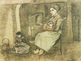 Mutter an der Wiege und Kind auf dem Fußboden sitzt Mutter an der Wiege und Kind auf dem Fußboden sitzt