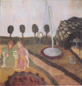 Zwei Frauen, die in den Garten mit Brunnen Zwei Frauen, die in den Garten mit Brunnen
