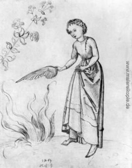 Junge Frau Fanning ein Feuer mit einem Vogelflügel Junge Frau Fanning ein Feuer mit einem Vogelflügel