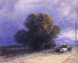 Ochsenkarren Überqueren einer überschwemmten Plain Ochsenkarren Überqueren einer überschwemmten Plain