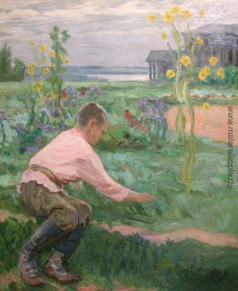 Junge auf einem Gras Junge auf einem Gras