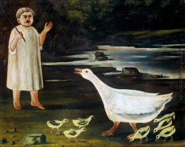 Mädchen Beweidung eine Gans mit Gänschen Mädchen Beweidung eine Gans mit Gänschen