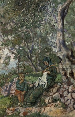 Eine Mutter und Sohn mit einer Mauer vor dem Meer sitzt Eine Mutter und Sohn mit einer Mauer vor dem Meer sitzt