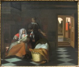 Frau mit einem Kind und einem Zimmermädchen in einem Innenraum Frau mit einem Kind und einem Zimmermädchen in einem Innenraum