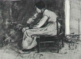 Frau sitzt am Kamin Frau sitzt am Kamin