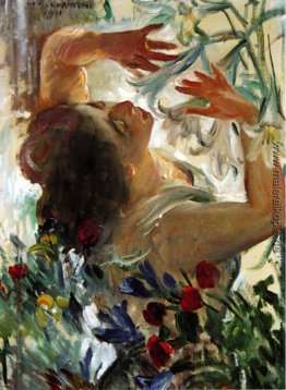Frau mit Lilien in einem Gewächshaus Frau mit Lilien in einem Gewächshaus