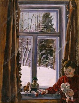 Katya mit einer Puppe durch das Fenster Katya mit einer Puppe durch das Fenster