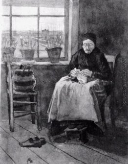 Frau am Fenster, Stricken Frau am Fenster, Stricken