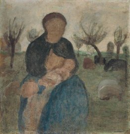Mutter mit Baby an ihrer Brust, und Kind in Landschaft Mutter mit Baby an ihrer Brust, und Kind in Landschaft