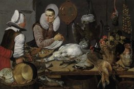 Ein Küchen-Innenraum mit einem Dienstmädchen und eine Dame Vorbe Ein Küchen-Innenraum mit einem Dienstmädchen und eine Dame Vorbe