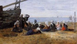 Berck, Gruppen von fishwomen am Strand sitzend Berck, Gruppen von fishwomen am Strand sitzend