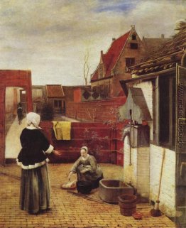 Eine Frau und ein Zimmermädchen in einem Hof Eine Frau und ein Zimmermädchen in einem Hof