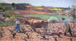 Arbeiter Bereiten Sie die Reben im Quercy Arbeiter Bereiten Sie die Reben im Quercy